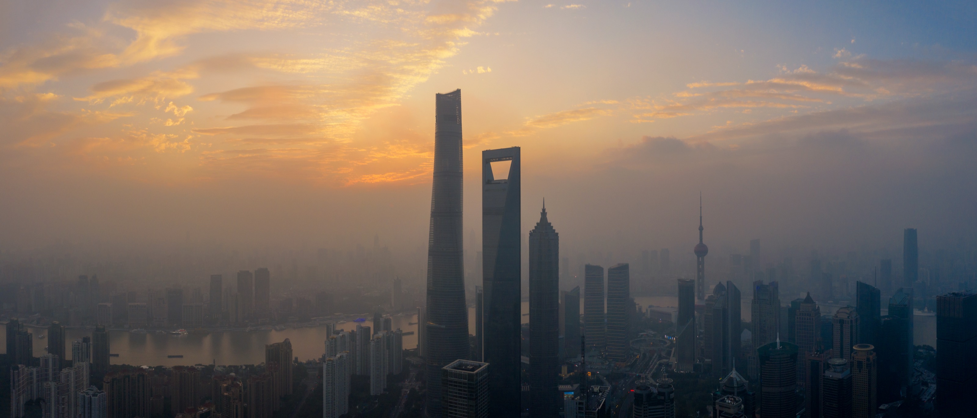 Lujiazui skyline panorama at dusk, Shanghai